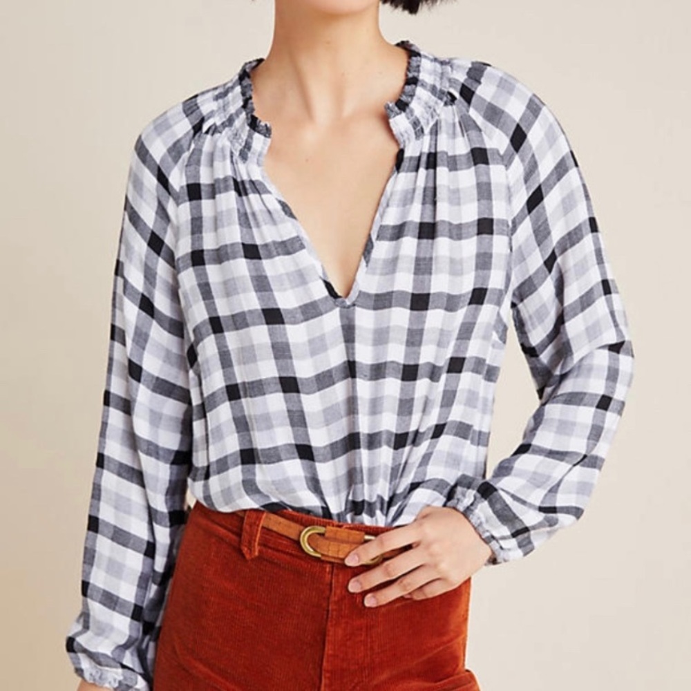Anthropologie Cloth & Stone Sara Plaid Peasant Top